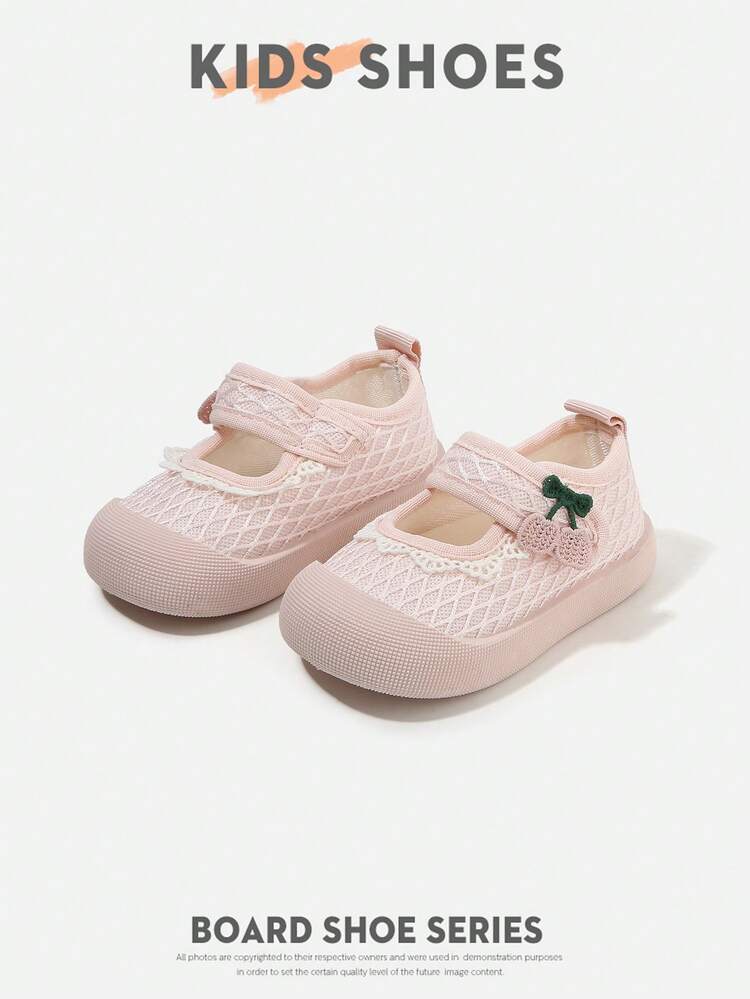 1 Đôi giày trẻ em trang trí nơ anh đào, chất liệu lưới, mũi tròn, kiểu giày thể thao đế bằng buộc dây cổ thấp, phù hợp cho trẻ sơ sinh và trẻ nhỏ, đi hàng ngày, trong nhà, ngoài trời, đi bộ [Chọn kích cỡ dựa trên chiều dài thực tế (cm)] - Hồng - Xem 6