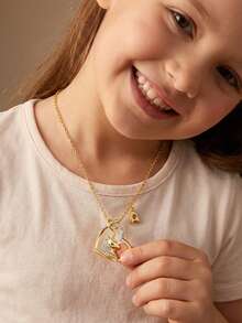 1件女孩可爱流行3D气球英文字母和心形独角兽镀金项链，可作为日常佩戴首饰配饰或礼物 - 金色 - 查看 1