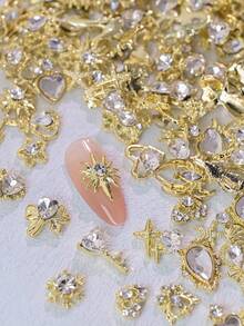 30件装混合金属金银心形美甲饰品 - 3D Y2K蝴蝶结、海星、贝壳、星星、太阳、兔子等多种款式美甲配件，适合新年婚礼 - 适用于亚克力和短指甲，美甲装饰宝石，女士和女孩美甲用品，美甲饰品 - 彩色 - 查看 5