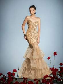 Faeriesty 优雅吊带美人鱼晚礼服：通体亮片，多层薄纱裙摆，露背设计，高开衩，曳地拖尾——是婚礼摄影、红毯仪式、浪漫周年庆典、正式晚宴、盛大庆典和春季派对的理想之选。 - 香檳色 - 查看 8