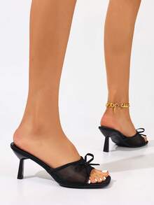 黑色露趾网面高跟凉鞋，蝴蝶结装饰，简约设计，百搭，夏季新品 - 黑色方頭單網 - 查看 7