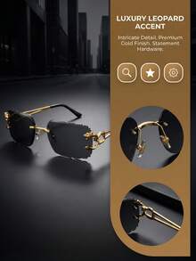 1 Pair Metal PC Frameless Leopard Head Fashion Glasses, Metal Fashion Asymmetrical Hollow Leg Fashion Glasses, Unisex High-End Makeup-Free Glasses - Gold - View 9