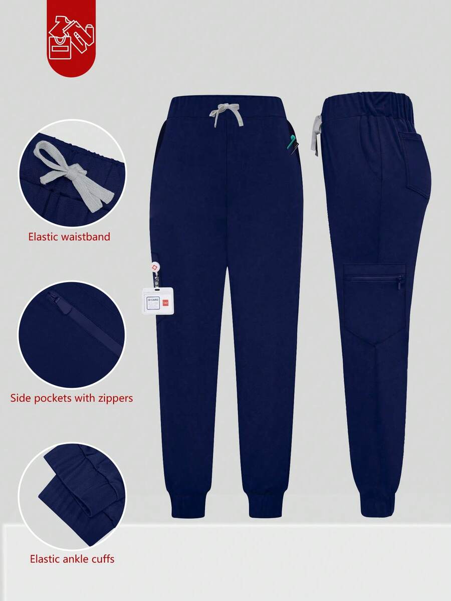 cimmuovere Pantalones de trabajo de cintura alta ajustados - Diseño de múltiples bolsillos - Pantalones delgados y transpirables - Bolsillos con cremallera lateral - Dobladillo elástico - Azul Marino - Ver 1