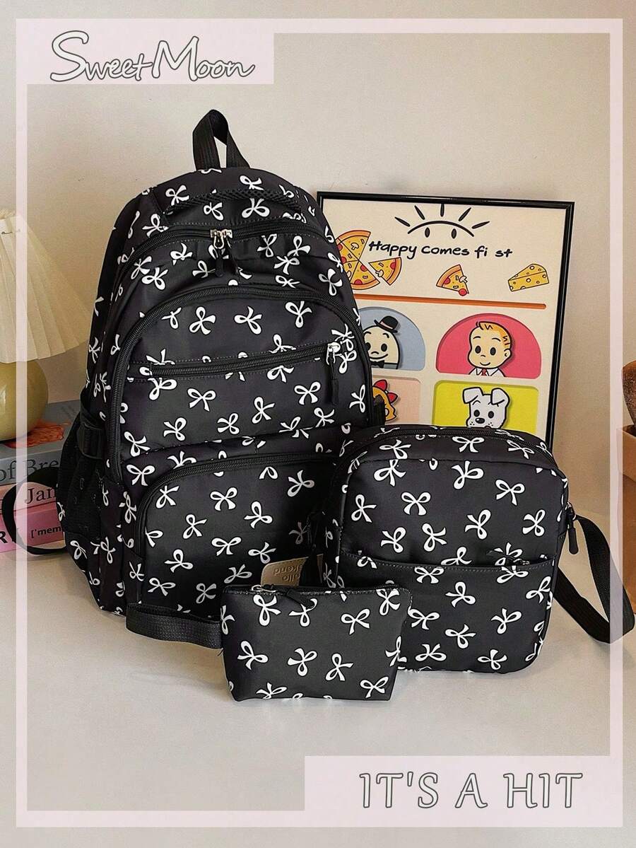 Conjunto de 3 peças: Mochila dobrável de nylon preta com estampa de morango, laço e cereja, fechamento em zíper, grande capacidade e vários bolsos. Ideal para uso diário, faculdade, treinos, escola, compras e viagens. Perfeita para mulheres, estudantes, treinos, escola e viagens. - Preto - Ver 1