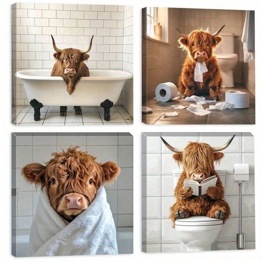 4pcs Highland Cow Canvas Wall Art Prints, Modern Farmhouse Art Deco Posters, Ideal For Living Room, Bedroom, Home Office, Classroom, Restaurants - Spring/Summer Landscape Theme,No Frame