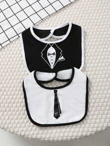2pcs/Set Baby Boys Casual Fashionable Cute Faux Tie Print Romper With Bib, Daily Outfit Set, Spring/Summer - Black and White - View 9