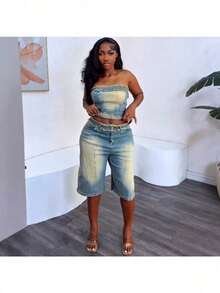 Women's Jeans Suits, Women's Fashion, Raw Edge Wraps, High-Waisted Denim Shorts - 藍色 - 查看 2
