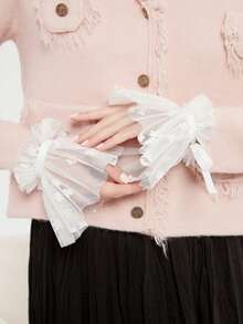 1 双女士碎花薄纱多层褶皱白色宽缎面蝴蝶结装饰袖口，柔美花卉风格，适合日常、上学、休闲穿着 - 彩色 - 查看 6
