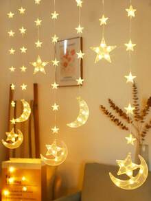 1 st 2 m/2,56 fot 69 LED dekorativ stjärn- och månegardinlampa för inomhusbruk, batteridriven, blinkande ljus, väggdekoration för sovrum, ljusslinga med älva och mån, stjärnljusslinga för bröllopsfest, stjärnljusslinga för utomhusbruk, alla hjärtans dag-dekoration
