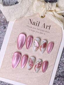 10 Pieces Of Handcrafted Press On Nails,Nails, Almond-Shaped Nails, French Tip Nails, Pink Nails, White Nails, Gold Nails, Glittery Pink's Eye And Hand-Carved Patterns Decorate Nail Surface. Simple And Elegant Style, Suitable Daily Use By Ladies And Girls. Comes With A Manicure Kit. - 粉色 - 查看 5