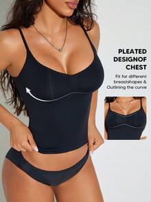 女士塑身压缩背心，收腹塑形，无缝设计 - 黑色 - 查看 3