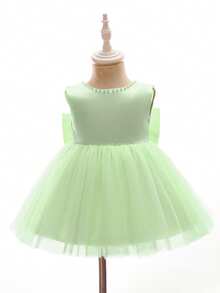 Baby Girls Green Big Bow Decor Mesh Patchwork Sleeveless Mini Dress, Flower Girl Tulle Party Dress For Wedding, Birthday, Celebration - Green - View 6