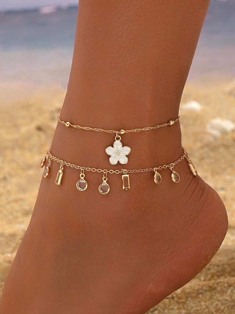 2pcs/Set Elegant Floral Pendant Anklet With Tassel & Rhinestone, Fashionable Jewelry Set For Women, Suitable For Daily Wear, Beach, Vacation, And Dates. Handmade Chain Length And Rhinestone Quantity/Order Are Random. - Multicolor - View 1