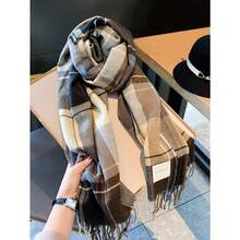 1pc Women's Plaid Fringed Scarf, Faux Cashmere, Warm, Suitable For Daily Use In Autumn And Winter Accessories Women - Cà phê nâu - Xem 1
