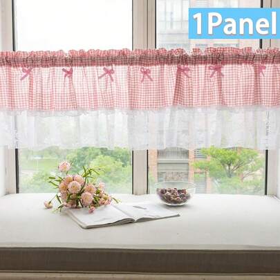 1pc Pink Plaid Lilian Short Curtain Suitable For Kitchen & Dining Room, 1pc Blue Partition Curtain French Pastoral Romantic Sheer Voile Small Window Curtain, 1pc Black Plaid Mesh Patchwork Coffee Curtain