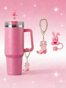 2件套硅胶吸管装饰，可爱兔子造型吸管帽，牛仔布挂饰，复古挂饰，DIY配件，保温杯的完美配件，让你的保温杯更时尚亮丽，更容易辨认，硅胶吸管帽适用于30盎司和40盎司的保温杯。 - 粉色 - 查看 11