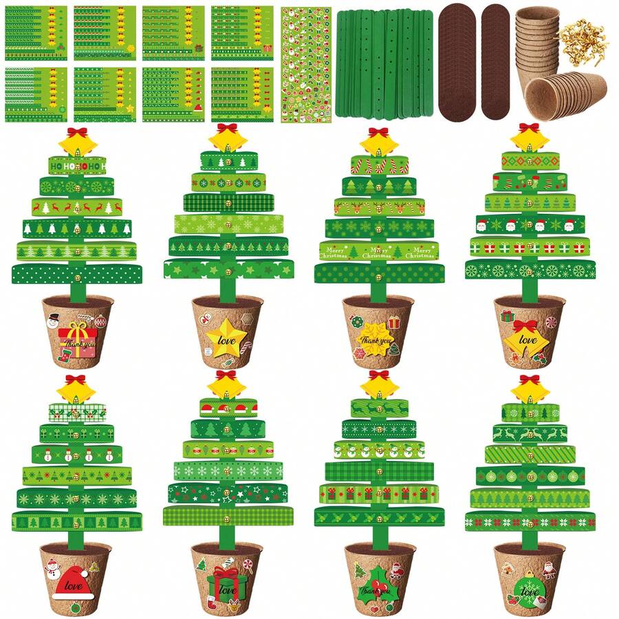 48 Pack Christmas Tree Paper Pot Craft Kits Make Your Own Christmas Tree Craft With Sticker DIY Xmas Decoration For Holiday Fun Art Activities - Green - View 1