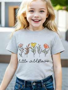 Tricou cu mânecă scurtă și guler rotund cu imprimeu floral și slogan pentru fete, îmbrăcăminte casual pentru copii de primăvară/vară - Gri - Vizualizare 7