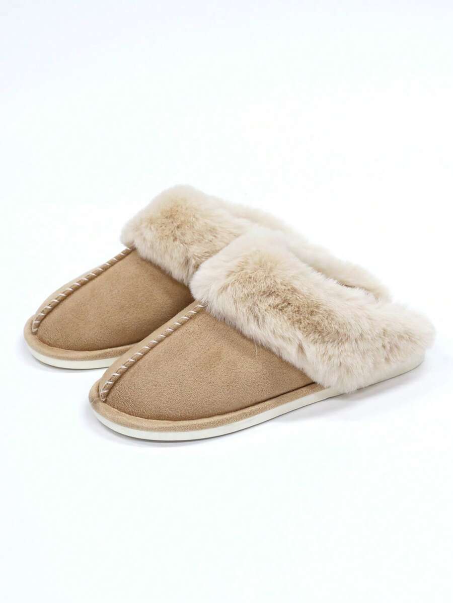 男女通用加厚绒里保暖拖鞋，室内舒适套脚拖鞋，情侣拖鞋 - 杏色 - 查看 1