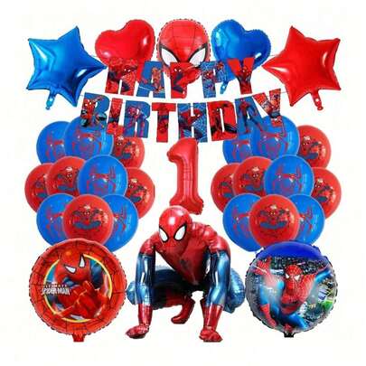 42件套卡通蜘蛛主题铝箔和乳胶气球套装，采用酷炫的超级英雄风格，印有经典的蜘蛛侠形象和蜘蛛网图案，主要颜色为红色和蓝色，包括圆形、心形、星形和3D蜘蛛侠造型气球。