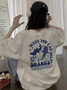 日系女式宽松圆领休闲百搭字母、鱼和海洋印花短袖T恤，春夏款 - 淺花灰 - 查看 3