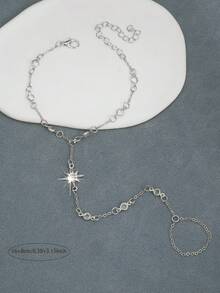 1pc Elegant Geometric Star Linked Finger Chain Bracelet, Vintage Romantic Style - Silver - View 4