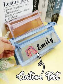 Customizable Name Transparent Large Capacity Pencil Case, Fashion Minimalist Pen Bag High Capacity Nylon Mesh Breathable Exam Student Stationery Bag, Mesh Pencil Pouch, Minimalist Student Supplies Storage Box, Back To School Learning Supplies - Multicolor - View 5