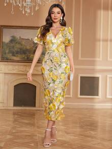 Women's Floral Embroidery Maxi Dress Wedding Guest Dress Evening Party Dress - Yellow - View 4