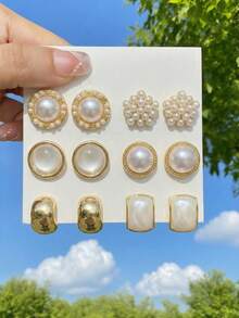 6 Pairs Luxury Fashion Elegant Niche Versatile Asymmetrical Geometric Round Faux Pearl Cat Eye Stone Earrings Set, Suitable For Women's Daily And Festival Wear - Gold - View 12
