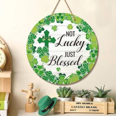1件圣帕特里克节木制装饰品，圣帕特里克森林三叶草挂饰，木制三叶草花环，“不走运”圣帕特里克节标语，适合春季装饰，圣帕特里克节派对装饰