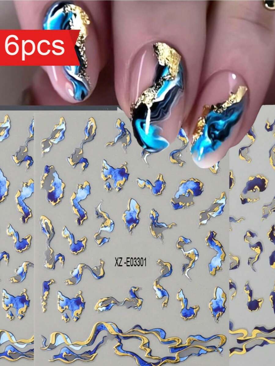 6pcs/3pcs 3D Marble Nail Art Decals Set With Golden Foil Ribbons, Blue And Purple Gradient Marble Effect, Matte Background 3D Self-Adhesive Nail Embellishments, Acrylic Nail Decals For Women's Manicure Supplies - Patterned Stripes, Glitter Finish, Cartoon Theme, Rectangle Shape, Single Use, Unscented - Multicolor - View 1