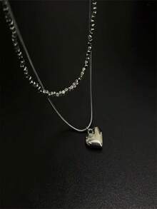1件简约银色方形双层心形项链，送给女朋友的礼物，情人节礼物 - 銀色 - 查看 2
