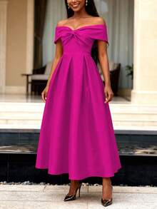 女士性感玫红色露肩褶皱A字连衣裙，腰间系带，喇叭裙摆，适合婚礼宾客晚宴派对 - 玫紅色 - 查看 4