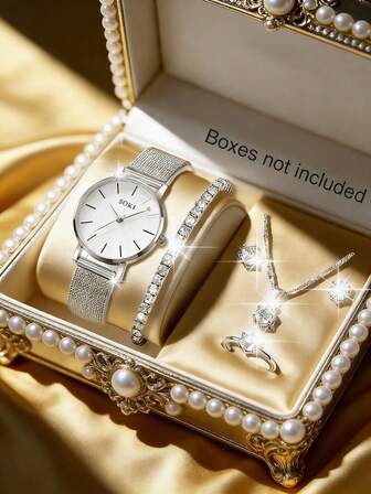 Women's Watch Set, Elegant Quartz Watch & Jewelry Set, Fashionable Round Dial Watch, Rhinestone Necklace, Earrings, Ring, Bracelet, Suitable For Daily Wear, Birthday Gift, Party, Holiday Gathering, Also An Ideal Gift For Yourself Or Friends. Does Not Include Gift Box.