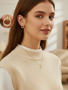 2pcs Geometric Copper Zirconia Oval Stud Earrings, Suitable For Women's Daily, Date, Party Wear - Yellow Gold - View 5