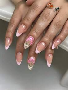 24 片杏仁形亮面法式美甲贴纸，以郁金香和蝴蝶结花束的春季杏仁形设计为特色 - 一套可拆卸的完整女士美甲套装，适合派对、婚礼和日常美甲，杏仁形假指甲的延长件，美甲贴纸套装，亚克力指甲和美甲用品艺术。 - 粉色 - 查看 1