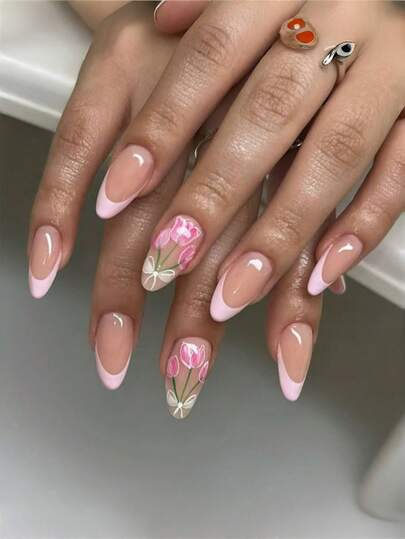 24 片杏仁形亮面法式美甲贴纸，以郁金香和蝴蝶结花束的春季杏仁形设计为特色 - 一套可拆卸的完整女士美甲套装，适合派对、婚礼和日常美甲，杏仁形假指甲的延长件，美甲贴纸套装，亚克力指甲和美甲用品艺术。