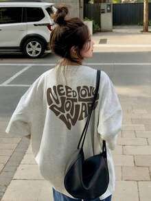 日系女式宽松圆领休闲百搭字母爱心印花短袖T恤，春夏款 - 淺花灰 - 查看 3