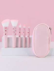 5pcs Makeup Brush Set With Pouch, Foundation, Eyeshadow, Blush Brushes With Cute Rabbit Pattern, Portable & Travel Friendly - Multicolor - View 2