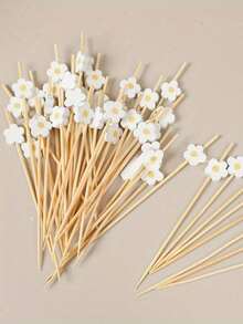 1/50/100pcs Sweet Daisy Theme Food Picks, Flower Dessert Fruit Forks, Toothpick Sticks, Flower Picks, Perfect For Drinks, Desserts, Appetizers, Fruits And Dessert Decoration, Party, Wedding, White Mini Food Picks Suitable For Decoration, Kitchen, Summer Party, Fun Drink Accessories, Holiday Birthday Party Decoration Supplies - Multicolor - View 3