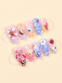 Uñas Acrilicas Para Manos 10-Piece Y2K Style Pointed Nail Sticker Set - Handmade, Pink Nail Art, Handmade 3D Gold Rings, Floral Rings And Rhinestone Rings, Adorned With Sparkling Gold Rhinestones And Gold Heart Patterns - Multicolor - View 13