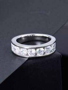 1pc S925 Silver Sparkling Round Cut Simulated Moissanite Ring - Ideal For Everyday Wear, Parties, Anniversaries, Weddings, Lab-Grown Gemstone, Banquets, Father's Day Gift - Silver - View 1