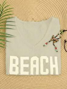 V-Neck Long Sleeve Side Slit Letter Knit Sweater, Casual Daily Wear, Long Sleeve Knit Top Beach Resort Style, Women Autumn - Beige - View 5