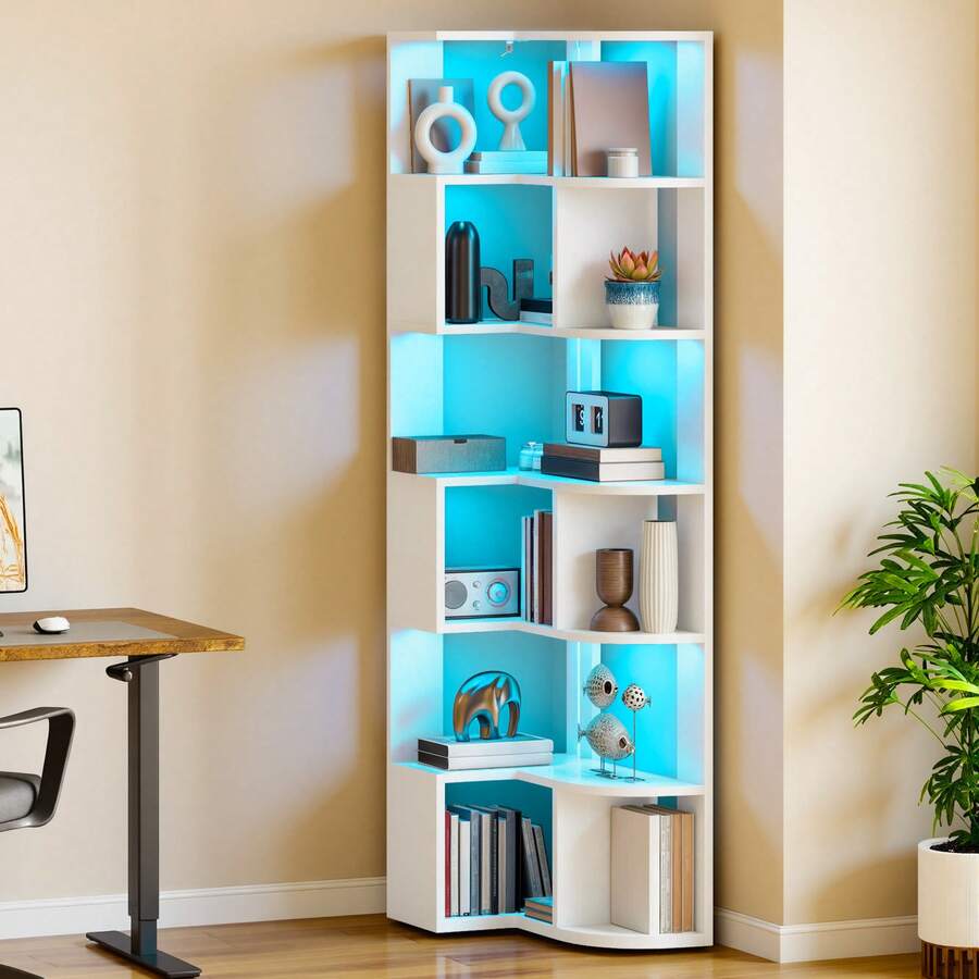 BALCONERA 64x41.5x180 Cm White L-Shaped Corner Bookcase – 7-Tier LED Lighting Storage Shelf, Modern Multifunctional Rack For Home Office - White - View 1