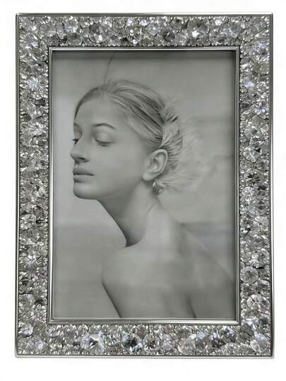 1pc 6" Silver Metal Electroplated Frame With Embedded Rhinestones, Fashionable & Luxurious Photo Frame