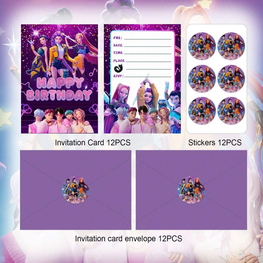 12件装K-Pop HUNTRX魔法少女小队完整生日派对邀请函套装，包含12张邀请函、12个信封和12张不干胶贴纸，邀请函和装饰贴纸场景，适合女孩、青少年、粉丝的派对用品套装，完美适用于情人节主题、生日、母亲节庆祝活动和团体聚会。 - 彩色 - 查看 1