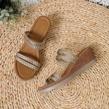 Women's New Bright Color Woven Decor Wedge Sandals, Vacation Style, Summer Strap Open Toe Thick Bottom Sandals Suitable For Dates, Shopping, Commuting, Beach (Run Large By Half Size) - Gold - View 5