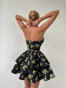 Women's Lemon Print Sexy Cute Elegant Criss-Cross Backless Mini Dress, Suitable For Daily Wear, Dating, Commuting, Holidays, Parties, Street Photography And Various Occasions - Black - View 6