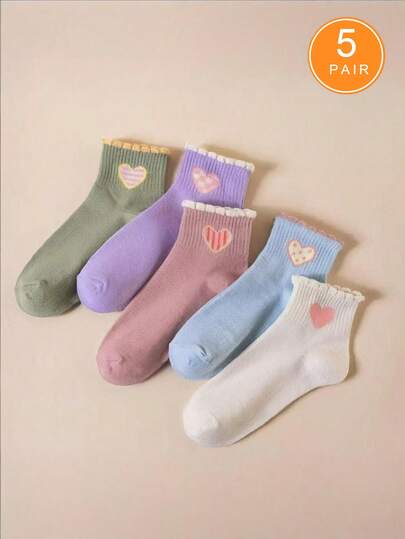 5 Pairs Lace Heart Patterned Mid-Calf Socks For Women & Couples, Casual Cartoon Lolita Heart Print Mid-Calf Socks For Students, Suitable As Valentine's Day Gift For Girlfriend