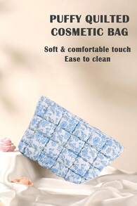 Floral Quilted Makeup Bag Travel Cosmetic Toiletry Organizer Pouch - 藍色花卉 - 查看 8